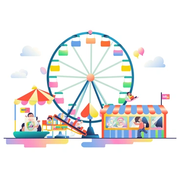 A lively carnival scene features a large, colorful Ferris wheel with bright lights shining in various hues. Surrounding the Ferris wheel are several vibrant carnival rides, including a spinning teacup ride with multi-colored cups and a roller coaster with red and blue cars zooming along the tracks. A row of game booths is set up nearby, each adorned with bright banners and offering prizes like stuffed animals. Colorful balloons float in the air, and excited children are seen enjoying cotton candy as they play games. The ground is covered with a patchwork of colorful tiles, adding to the festive atmosphere.