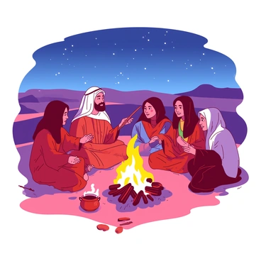 A red Bedouin campfire is crackling with warmth in the center of a sandy area. A group of five individuals is sitting around the fire, their faces illuminated by the flickering flames. Each person is wrapped in colorful traditional robes, with details of intricate patterns visible on the fabric. One person is holding a wooden stick, gesturing animatedly as they share a story. Above them, a clear night sky is dotted with bright stars, creating a stunning backdrop. The surrounding landscape features distant sand dunes gently illuminated by the firelight. A small pot is resting on the edge of the fire, hints of steam rising from it.