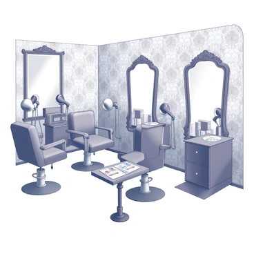 A vintage beauty parlor with classic hair dryers positioned on elegant chrome stands. The room features retro decor, including patterned wallpaper with intricate designs. Several salon chairs with curved arms are arranged around the space, each upholstered in a soft fabric. There are mirrors framed in ornate designs hanging on the walls, reflecting the ambiance of the parlor. A small table in one corner is adorned with beauty magazines from a bygone era, completing the nostalgic setting.
