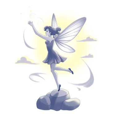 A fairy with intricate, shimmering wings is depicted in a dynamic pose, her arms raised as if conducting a symphony of light. She has flowing hair that appears to dance with the motion, and her delicate features are filled with wonder. The fairy stands atop a rock, surrounded by ethereal swirls that represent the colors of a sunrise. The background includes soft, wavy clouds that seem to reflect the warmth of early morning light, enhancing the magical atmosphere.