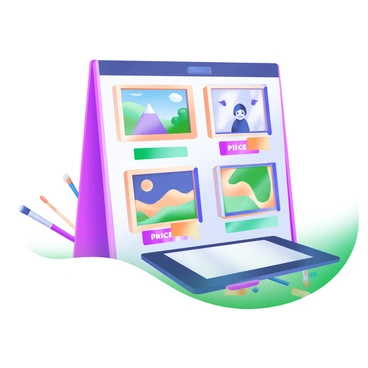 A board with examples of custom digital artworks and their respective pricing