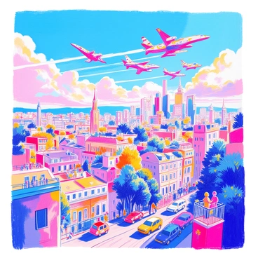 A display of military planes flying in formation over a city