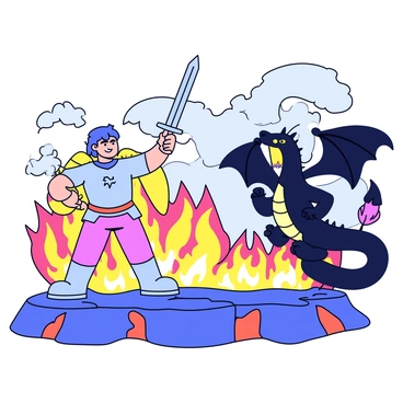 A scene depicting a heroic figure wearing shining armor, wielding a sword raised high. The hero stands on a rocky terrain with cracks and molten lava flowing beneath. In the background, a large dragon with dark scales and glowing eyes roars, its wings spread wide. The landscape is engulfed in flames, with smoke billowing into the sky. The hero and the dragon face each other amidst the chaos of the fiery environment.