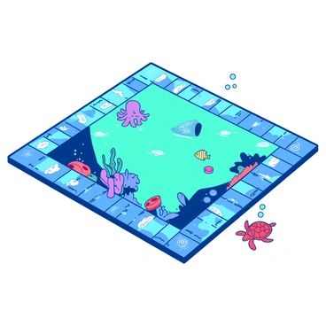 An underwater-themed monopoly board is spread out with a vibrant design featuring various shades of blue and teal. The squares on the board are adorned with illustrations of coral reefs, sunken treasures, and marine plants. Instead of traditional tokens, there are several sea creatures placed around the board, including a small yellow clownfish, a purple octopus, and a red sea turtle. The game pieces are positioned on various properties, showcasing the ocean-themed gameplay. Around the edges of the board, there are illustrations of bubbles and waves enhancing the underwater atmosphere.