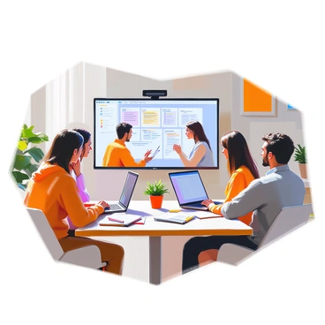 A group of diverse team members engaged in a video conference. Each member is visible on their screen with a portion of a business model canvas displayed prominently in front of them. The individuals have varying expressions of focus and collaboration. The setting suggests a modern office environment, with some team members seated at desks and others in casual home office spaces. Laptops and notes are scattered around, indicating an active discussion about their business strategies. Each screen shows different sections of the canvas, including elements like value propositions, customer segments, and revenue streams.