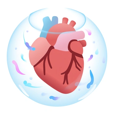A human heart is submerged under crystal clear water, surrounded by vibrant fish swimming around it. The heart is depicted in intricate detail, showcasing its veins and arteries. Small colorful fish of various species weave in and out of the scene, their scales reflecting light as they move. The water has a slight ripple effect, creating a dynamic interaction between the heart and the surrounding aquatic life. Sunlight filters through the water, casting gentle illumination on the heart and the fish.