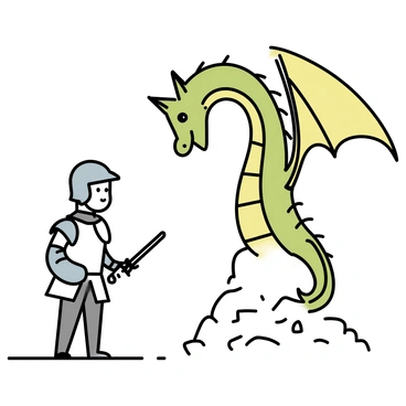 A small knight, wearing shining armor with intricate detailing, stands confidently at the forefront. His armor reflects light, showcasing a polished silver finish. The knight holds a small sword in one hand, pointing it towards a towering dragon that looms overhead. The dragon has large, scaled wings spread wide, and its eyes glare down at the knight with intensity. The dragon's scales shimmer with shades of green and gold, emphasizing its formidable size. The background features a rocky landscape, adding depth to the scene.