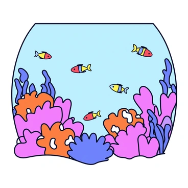 An underwater scene with vibrant coral reefs in various shapes and sizes. The coral is a mixture of bright pink, orange, and purple hues. Swimming around the coral are multiple schools of small, colorful fish, including yellow, blue, and red species. The water is a clear turquoise, allowing light to filter down, illuminating the corals and fish. Some seaweed sways gently in the water, adding to the liveliness of the scene.