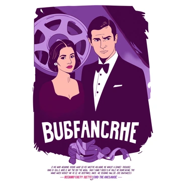 A duotone illustration showcases a dramatic film poster. The background is a gradient of {color_1} and {color_2}. Prominently featured in the center are two iconic actors, one dressed in a classic tuxedo with a serious expression, and the other in a vintage gown with a captivating gaze. Behind them, there are stylized elements, such as an old-fashioned film reel and a spotlight casting a soft glow. Below the actors, the title of the film appears in bold letters, with a tagline showcasing the film's dramatic themes in elegant typography. The overall composition evokes a sense of nostalgia and cinematic allure.
