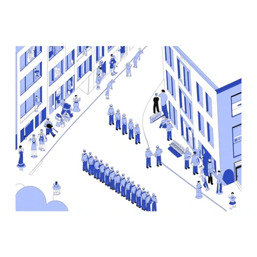 A military parade is taking place on a bustling city street. Troops are marching in formation, wearing uniforms with distinct insignias and crisp lines. Banners are held high, displaying various emblems and symbols. The street is lined with onlookers, some applauding and others capturing the moment on their cameras. Buildings flank the street, with windows filled with spectators. The atmosphere is filled with a sense of discipline and celebration as the parade progresses.