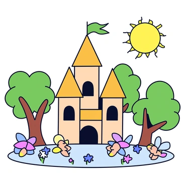 A tall castle built among treetops with wooden walls and a thatched roof. The castle features large arched windows and a high tower topped with a flag. Surrounding the castle are green leaves and branches from the trees. In front of the castle, there are small colorful fairies with shimmering wings fluttering around. The courtyard is decorated with flowers of various shapes and colors. In the sky above, a bright sun is shining, casting a warm light on the scene.