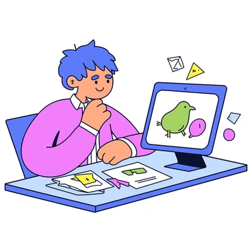 A designer is sitting at a desk, focusing intently on a digital tablet. The screen displays a "stylized kiwi bird" being crafted as a logo. The kiwi bird has an elongated body with a round shape and a long, curved beak. The design features simple lines and a minimalistic approach, emphasizing the bird's distinctive features. The designer's workspace is organized, with colorful sketches and notes scattered around, enhancing the creative atmosphere.