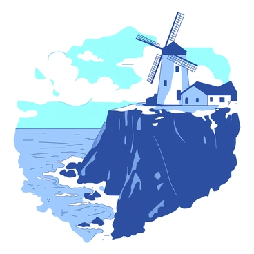 A white solitary windmill is perched on the edge of a steep, dramatic seaside cliff. The windmill's blades are turning gently in the wind, casting long shadows on the ground. Below the cliff, waves crash against the rocky shore, creating white foamy splashes. The sky is filled with scattered clouds, with hints of blue peeking through, while the sun casts a warm glow over the scene, highlighting the rugged texture of the cliff.