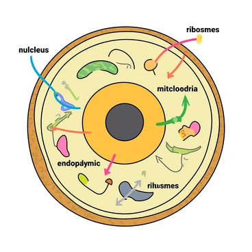 An illustration of an animal cell depicted as a circular shape with a textured outer membrane. The cell interior is filled with various organelles, including a round nucleus at the center with a dark circle representing the nucleolus. Surrounding the nucleus are smaller round mitochondria with squiggly lines inside, elongated endoplasmic reticulum with a wavy appearance, and round ribosomes scattered throughout. Dynamic arrows are shown in vibrant colors, indicating movement between the organelles. Each part of the cell is labeled clearly, with the names "nucleus," "mitochondria," "endoplasmic reticulum," and "ribosomes" positioned near their respective structures. The background is a light color to enhance the visibility of the cell and its components.