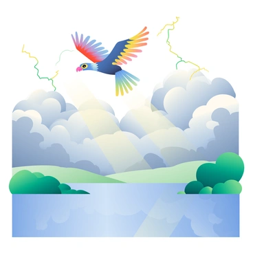 A thunderbird flying over a wide river, with reflections of clouds and lightning in the water