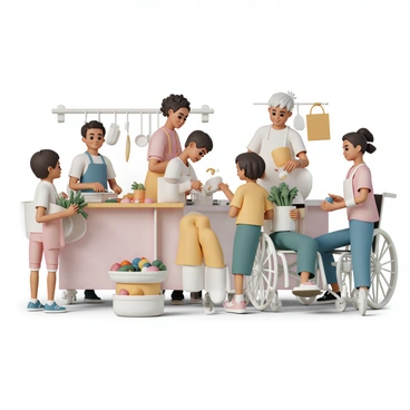 A diverse group of participants of various ages and abilities gathered in a large community kitchen. One participant, a woman in a wheelchair, is expertly stirring a large pot on the stove while smiling at a young boy beside her, who is holding a bunch of fresh vegetables. Another participant, a middle-aged man wearing an apron, is chopping onions on a cutting board, with a focused expression on his face. In the background, a teenager is carefully measuring ingredients while a younger girl is mixing them in a bowl. Colorful fruits and vegetables are spread across the countertop, and kitchen utensils hang on the walls, creating a warm and inviting atmosphere. All participants are engaged and collaborating, showcasing a sense of teamwork and inclusivity.