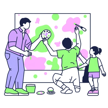 A father and child are engaged in painting a mural on a wall. The father, wearing a blue shirt and jeans, is holding a paintbrush, while the child, dressed in a bright t-shirt and shorts, is reaching up to add vibrant colors to the mural. The wall displays various shapes and patterns, with sections that are already painted in a mix of colors. A paint palette rests on the ground next to a small bucket of green paint. Bright paint splatters are visible on the floor and on the father's hands. The scene captures a moment of creativity and collaboration between them.