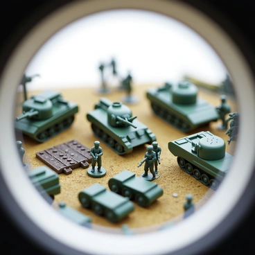 A group of toy soldiers in various poses, including advancing and defending, is positioned on a textured surface that mimics terrain. Several toy vehicles, such as tanks and trucks, are scattered throughout the scene, displaying intricate details like wheels and markings. The entire scene is viewed through a microscope lens, creating a magnified effect that highlights the tiny figures and vehicles. The background shows a blurred representation of the microscope's inner workings, adding depth to the image.