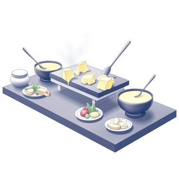 A table is set for a raclette and fondue party. A traditional raclette grill is placed at the center, featuring several half-cuts of cheese melting under the heat. Around it, pots of fondue brimming with different types of melted cheese are surrounded by various dipping items like cubes of bread, boiled potatoes, and fresh vegetables. Guests are gathered around the table, with forks poised, ready to enjoy the warm, gooey cheese. The ambiance is filled with anticipation and excitement as the rich aroma of melting cheese permeates the air.