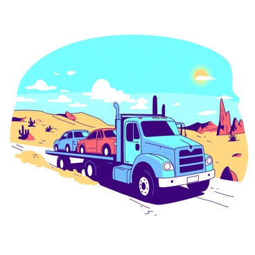 A blue car transport truck is driving along a dirt road through a sun-drenched desert landscape. The sky is a clear blue, and the sun casts strong shadows over the golden sand dunes. In the background, there are scattered cacti and rocky formations. The truck is loaded with several colorful cars, with their shiny surfaces reflecting the sunlight. Dust rises behind the truck as it moves, creating a trail in the dry environment.