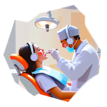A patient with light skin is seated in a dental chair with headphones resting over their ears, creating a relaxed atmosphere during the dental procedure. The patient is wearing a light blue dental bib and has their eyes closed, indicating a sense of calm. The dentist, dressed in a white coat and gloves, is carefully working on the patient's teeth with dental instruments. The dental office is equipped with modern tools and bright overhead lights, contributing to a clinical yet comfortable environment.