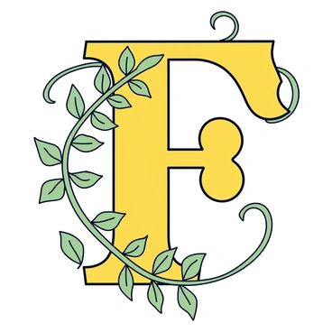 A large, ornate vintage letter "F" with intricate flourishes and decorative patterns. The letter is colored in a deep, rich gold with slight shadows to give it depth. Intertwined around the letter are delicate fern fronds, displaying various shades of green, with fine details in the leaf textures. The composition shows the letter prominently at the center, surrounded by the ferns that gracefully wrap around its edges.