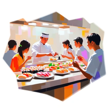 A sushi bar bustling with patrons eagerly sampling a variety of sushi rolls. The counter is adorned with an array of colorful sushi, including vibrant maki rolls, nigiri topped with fresh fish, and an assortment of sashimi presented artistically. A friendly sushi chef with a white apron and a headband skillfully prepares the sushi in front of the customers. The patrons, a diverse group of people, are engaged in conversations as they enjoy the free samples, some holding chopsticks while others admire the beautifully arranged sushi on plates. The atmosphere is lively and filled with the enticing aroma of fresh seafood.