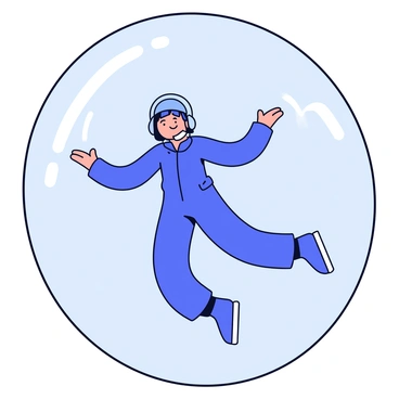 A person in a vertical wind tunnel, wearing a bright blue jumpsuit and a clear helmet. The person is floating in the air, arms and legs spread wide, with a look of excitement on their face. The wind is visibly blowing upwards, creating ripples in their jumpsuit. The tunnel's walls are smooth and transparent, showing a hint of the surrounding indoor facility.