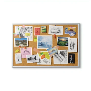 An inspiration board filled with various cutouts, fabric swatches, and small sketches. The board is a cork surface lined with colorful papers and postcards featuring different artistic styles. There are vibrant watercolor swatches pinned alongside black and white sketches of abstract shapes. Small photographs of landscapes and portraits are interspersed throughout the board. A few handwritten notes in colorful ink are visible, adding a personal touch. The overall composition is visually engaging and captures the essence of creativity.