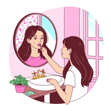 A girl with long brown hair is standing in front of a round mirror in a bungalow's quaint bathroom. She is applying a vibrant pink lipstick to her lips. The bathroom features vintage floral wallpaper in soft shades. A small white sink with brass fixtures sits beneath the mirror, and a colorful woven mat is placed on the wooden floor. A potted green plant sits on the countertop, adding a touch of life to the space. Sunlight streams through a frosted window, illuminating the girl's focused expression.
