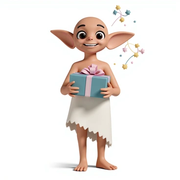 A house-elf named Dobby, standing with a wide grin on his face. He is wearing a simple, frayed pillowcase as clothing. In his small hands, he is holding a beautifully wrapped gift adorned with colorful ribbons and a large bow on top. His large, expressive eyes are sparkling with excitement as he presents the gift. The background features a hint of festive decorations, adding to the joyful atmosphere.