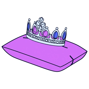 A royal tiara adorned with sparkling diamonds and deep blue sapphires. The tiara features a delicate design with intricate filigree work. It is positioned elegantly on a plush satin pillow, which has a rich, deep color that complements the jewels. The surface of the pillow is smooth and reflective, enhancing the luxurious appearance of the tiara.