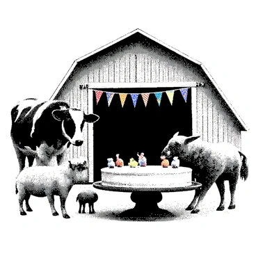 A group of farm animals is gathered outside a decorated barn. The barn is adorned with colorful streamers and banners, creating a festive atmosphere. In front of the barn, there is a large cake placed on a wooden table, decorated with icing and topped with small figurines of the animals. The animals include a cow, a pig, and a sheep, all appearing joyful as they interact with each other. The cow is standing with its head slightly lowered, while the pig is playfully nudging the sheep, which is looking curiously at the cake.