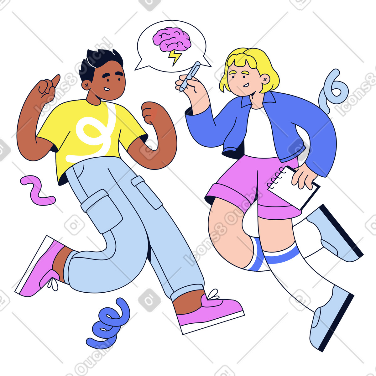 Colleagues brainstorming with notepad and marker, Team creativity idea generation illustration in Flexy style download in PNG, SVG
