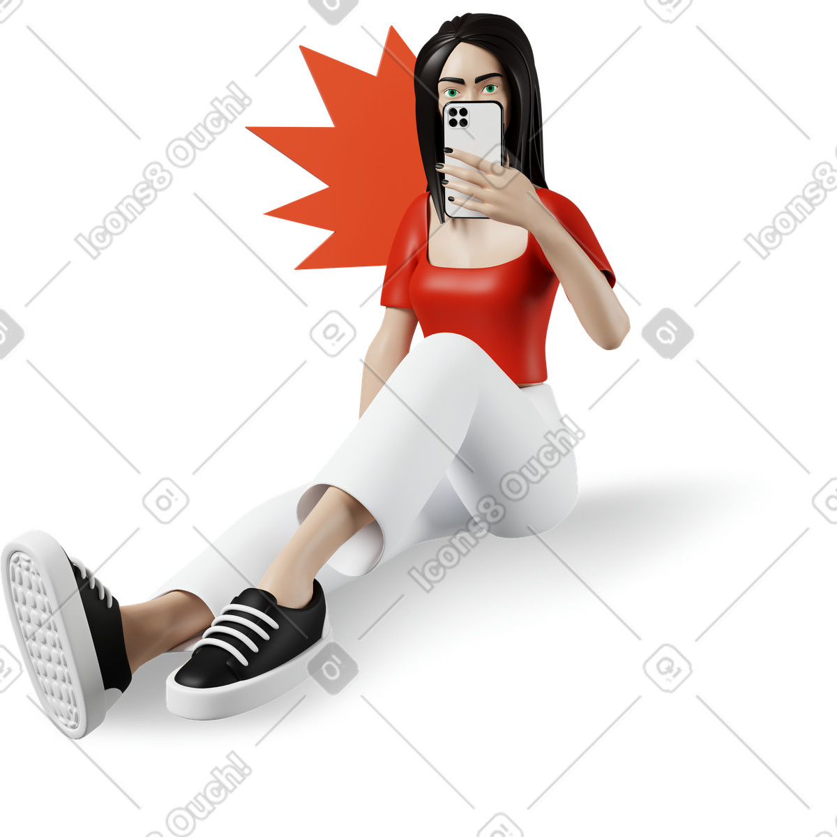 Иллюстрация Женщина сидит с телефоном в стиле 3D Plastic people — скачать в форматах PNG, SVG