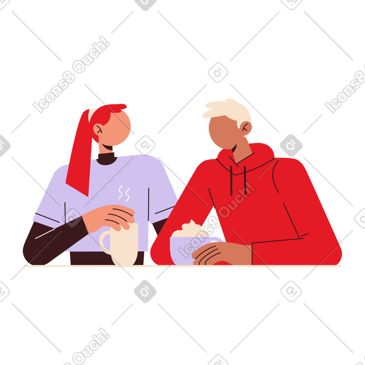 Friends enjoying hot drinks together, Casual meeting or coffee break illustration in Folks style download in PNG, SVG