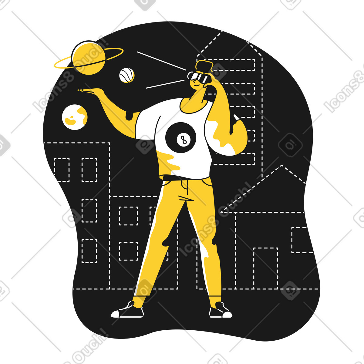 Illustration Homme dans un casque vr explorant le métaverse style Taxi à télécharger aux formats PNG, SVG