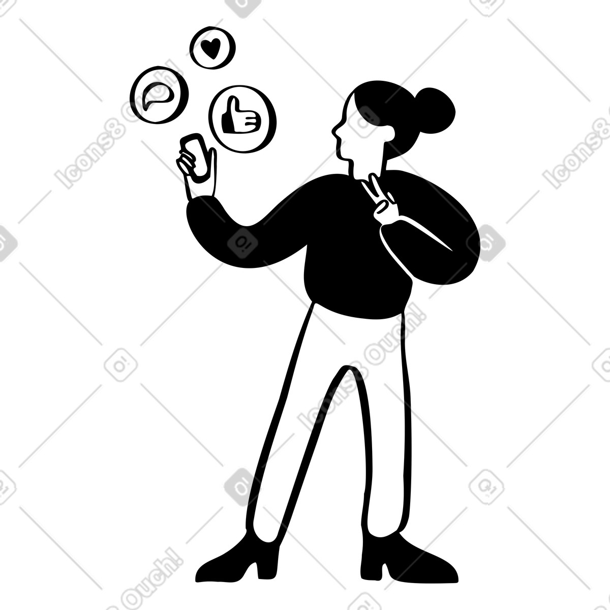 Donna che trasmette in streaming, diretta o si scatta un selfie sul telefono illustrazione stile Journal scarica PNG, SVG