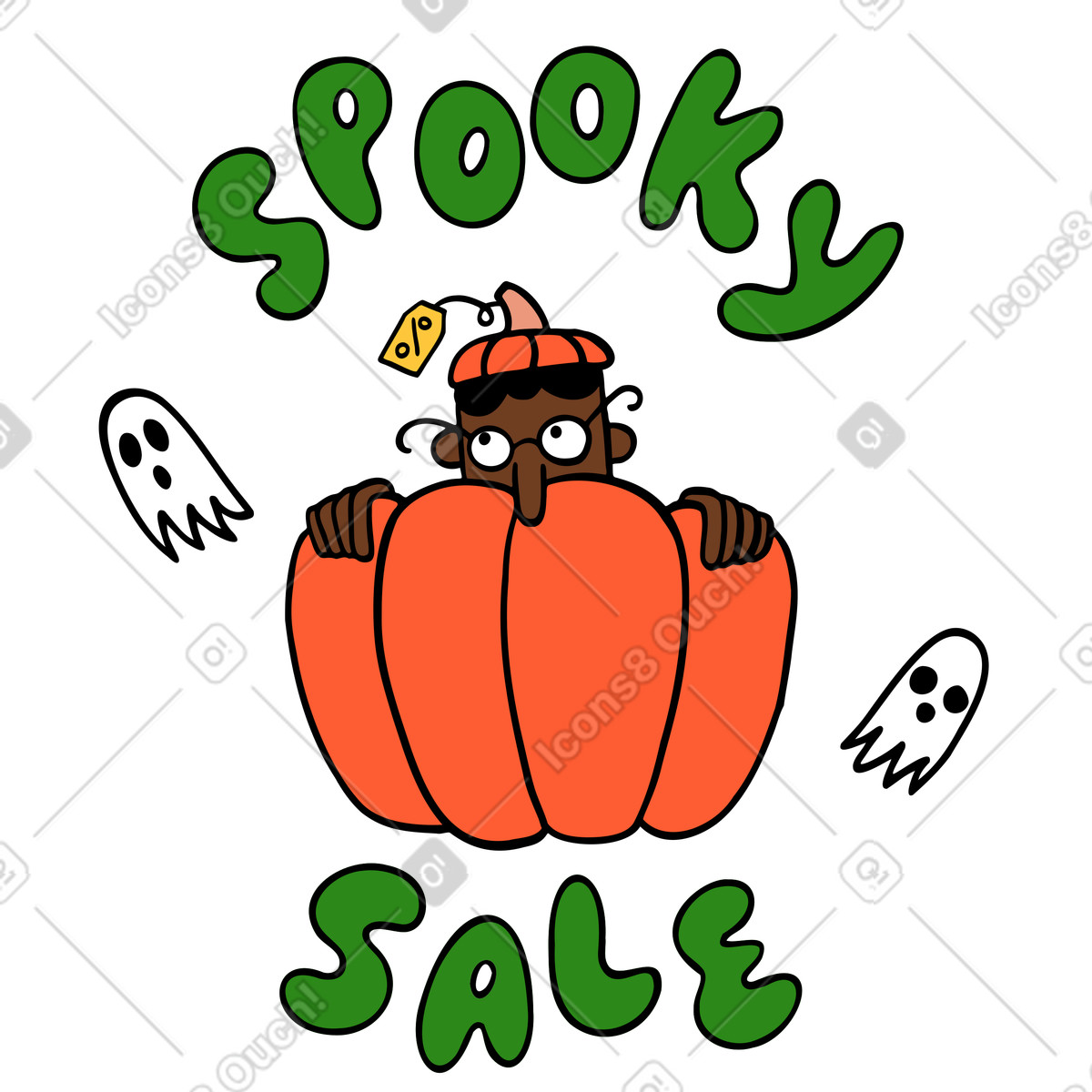 Lettere di vendita spettrali e uomo che si nasconde dai fantasmi illustrazione animata in stile Comic scaricabile in GIF, Lottie (JSON), AE