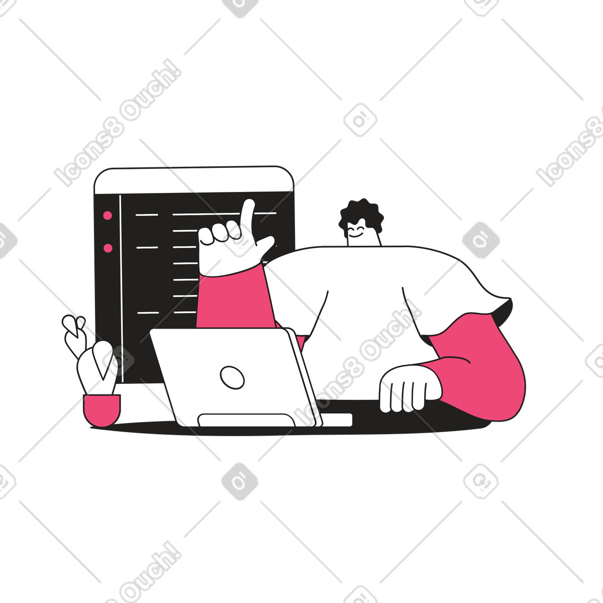 Illustration animée Programmeur homme écrivant du code sur un ordinateur portable dans le style Dazzle Line à télécharger aux formats GIF, Lottie (JSON), AE