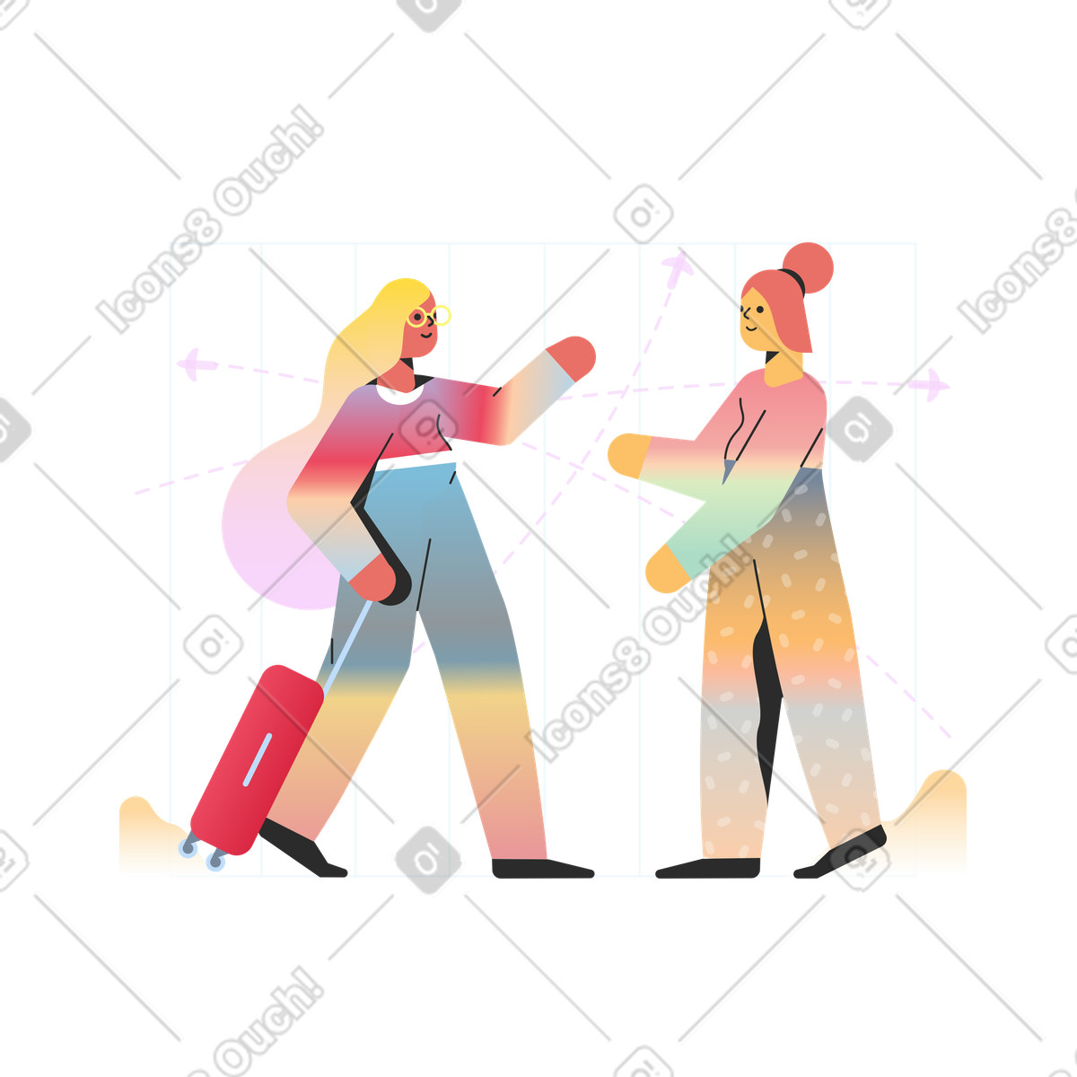 Frauentreffen am flughafen-Illustration im Marginalia-Stil als Download in PNG, SVG