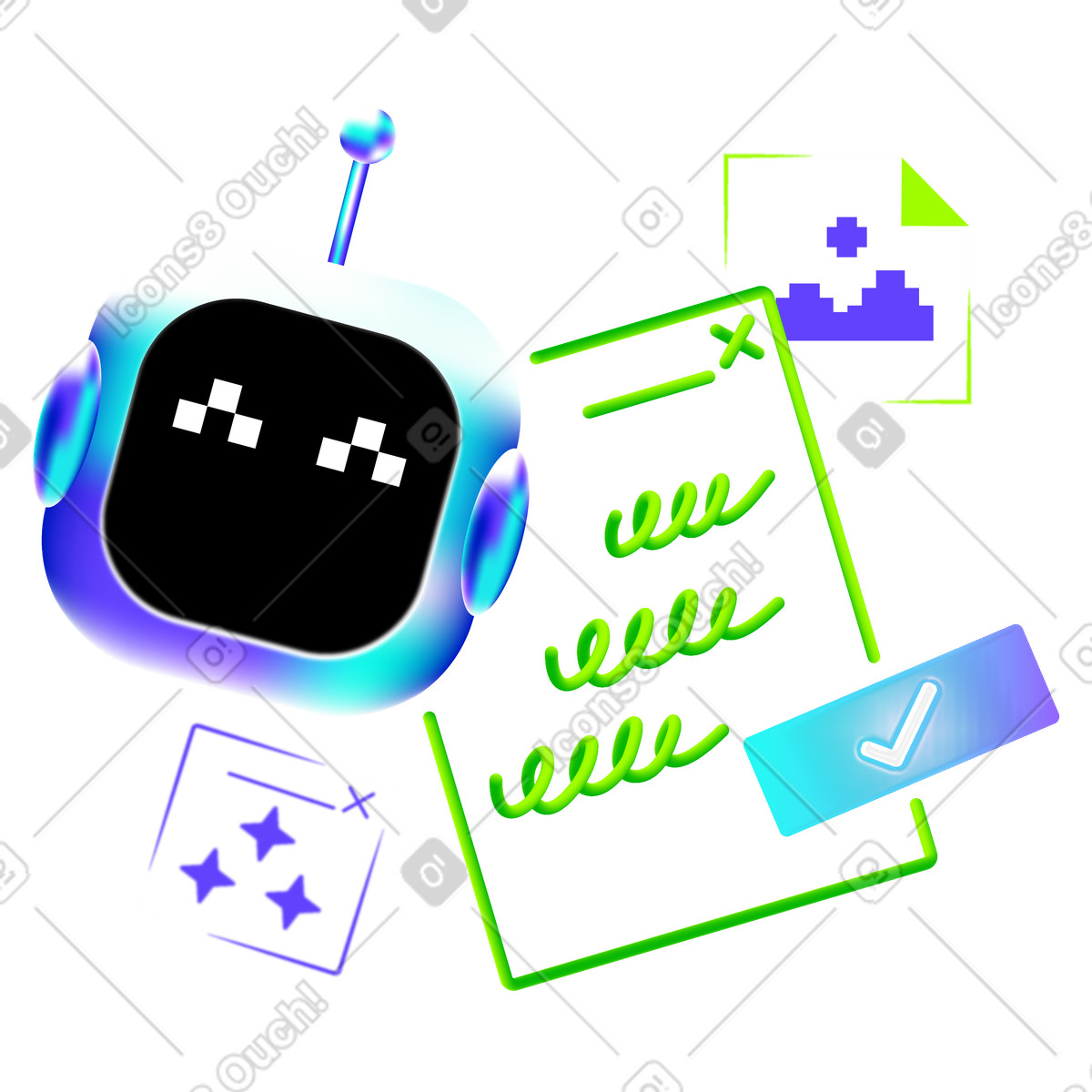 Robot head with prompts and images, AI image generation process illustration in Pure style download in PNG, SVG