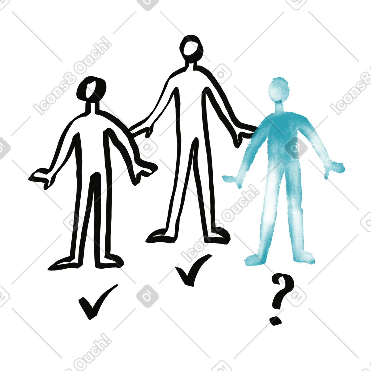 Illustration Attendance checkmarks under two stick figures and question mark beside third dans le style Watercolor sketch à télécharger aux formats PNG, SVG