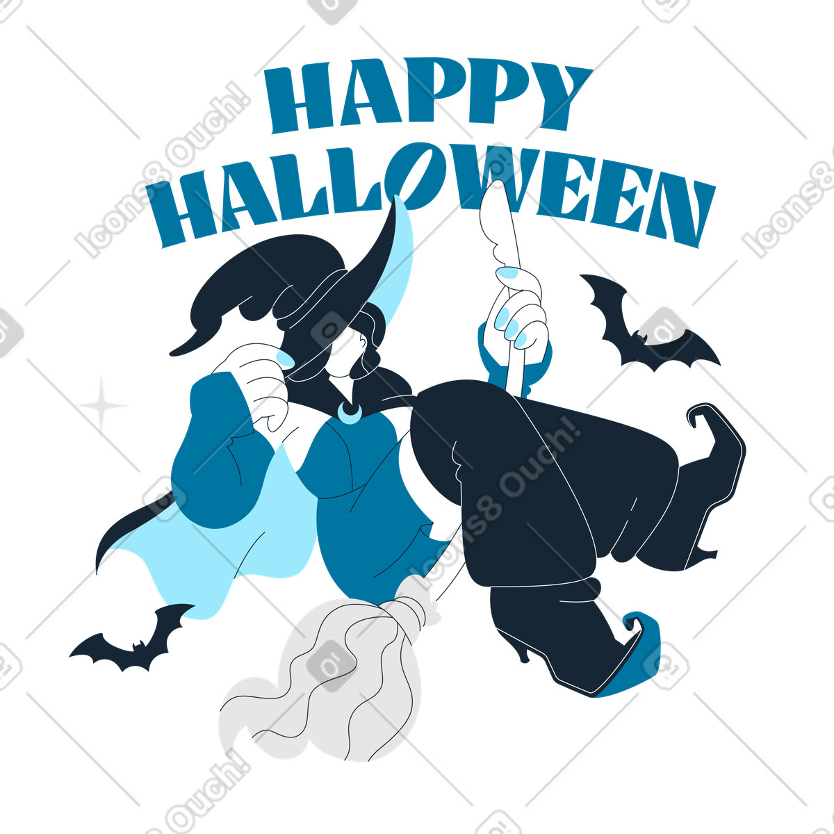 Ilustração de Halloween witch flying on broomstick with bats em no estilo Indigo para baixar em PNG, SVG