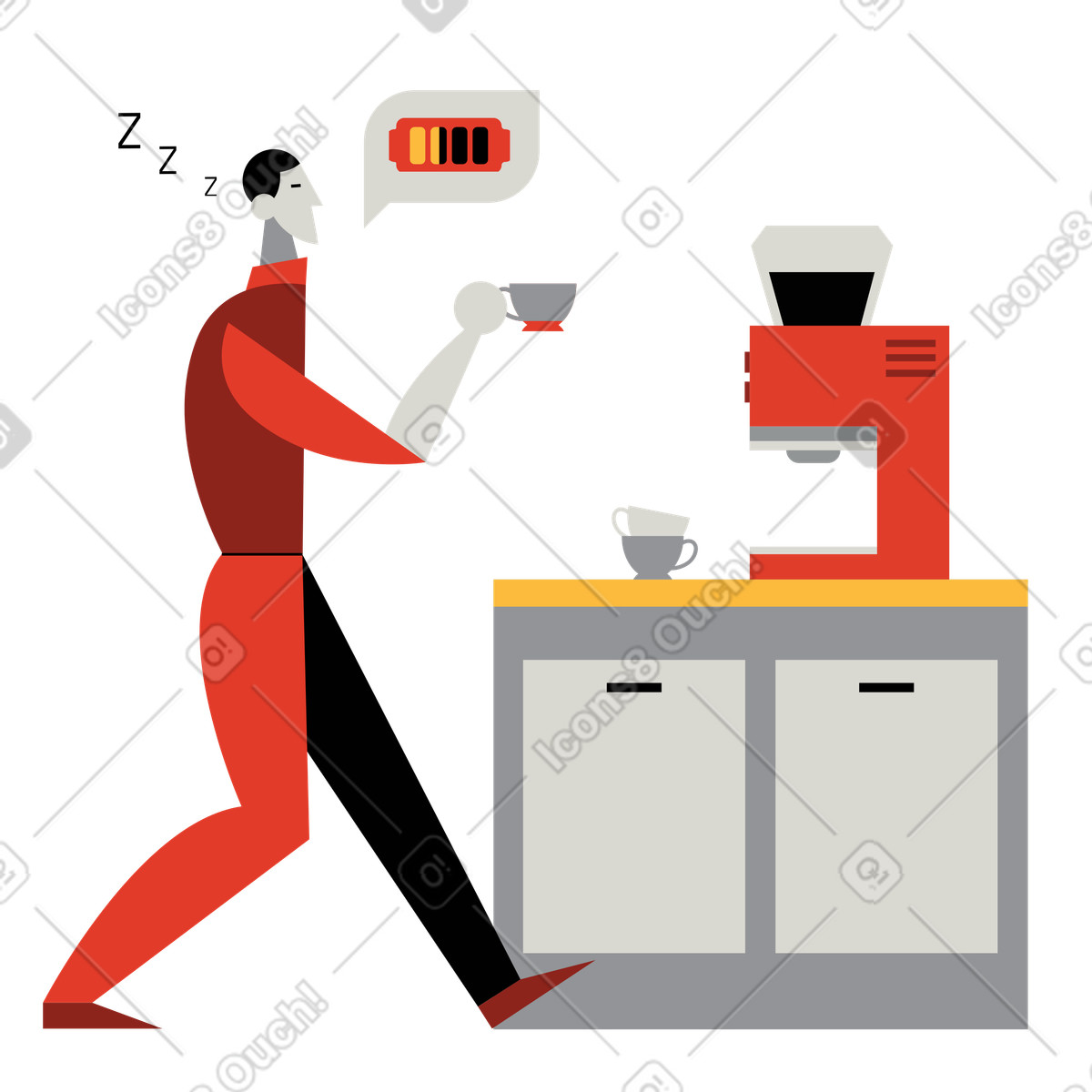 Mann trinkt kaffee, um energie zu tanken-Illustration im Burgundy-Stil als Download in PNG, SVG