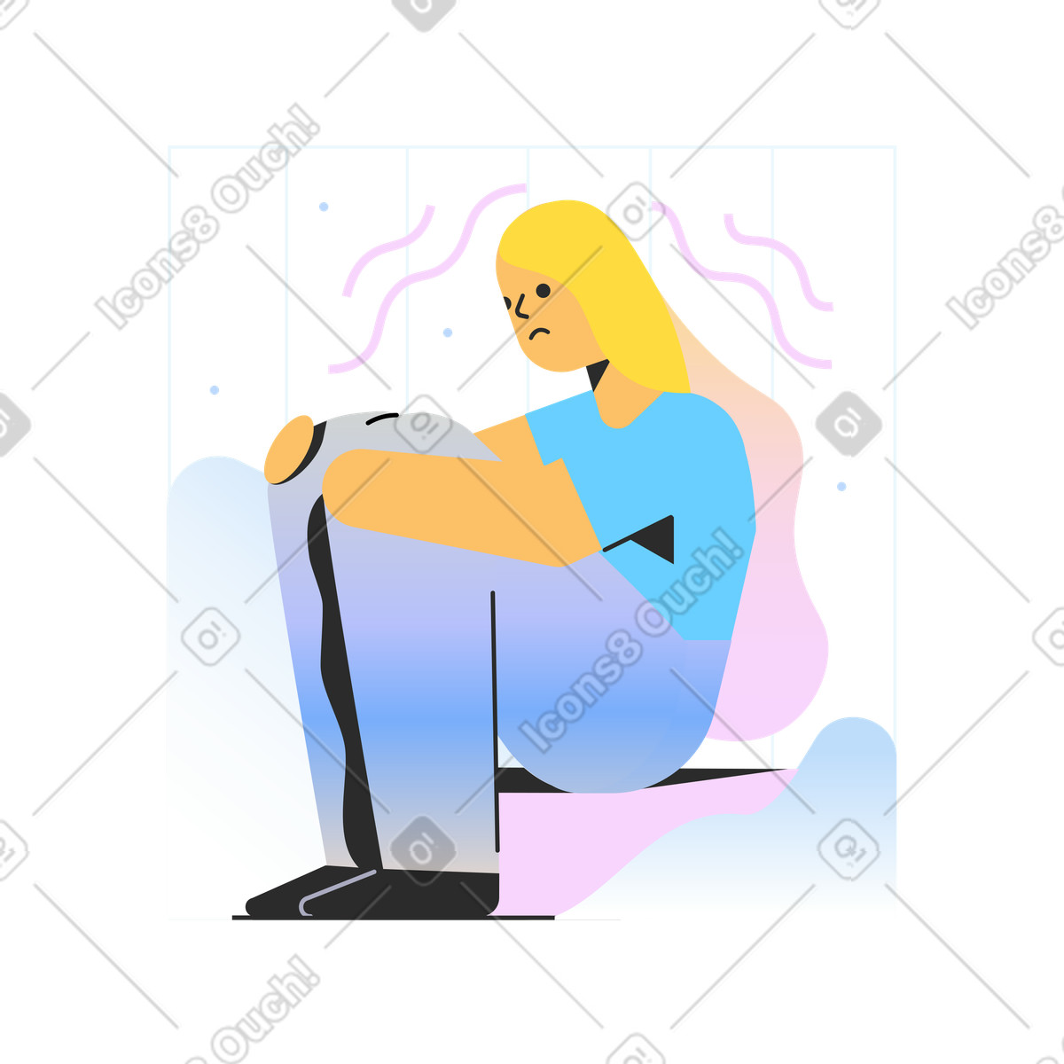 Donna sconvolta seduta ansiosamente illustrazione in stile Marginalia scarica in PNG, SVG