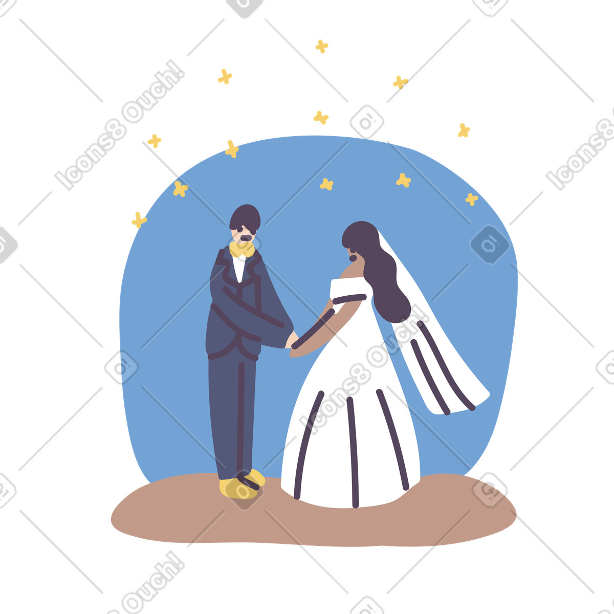 Bride and groom holding hands at wedding illustration in Pluto style download in PNG, SVG