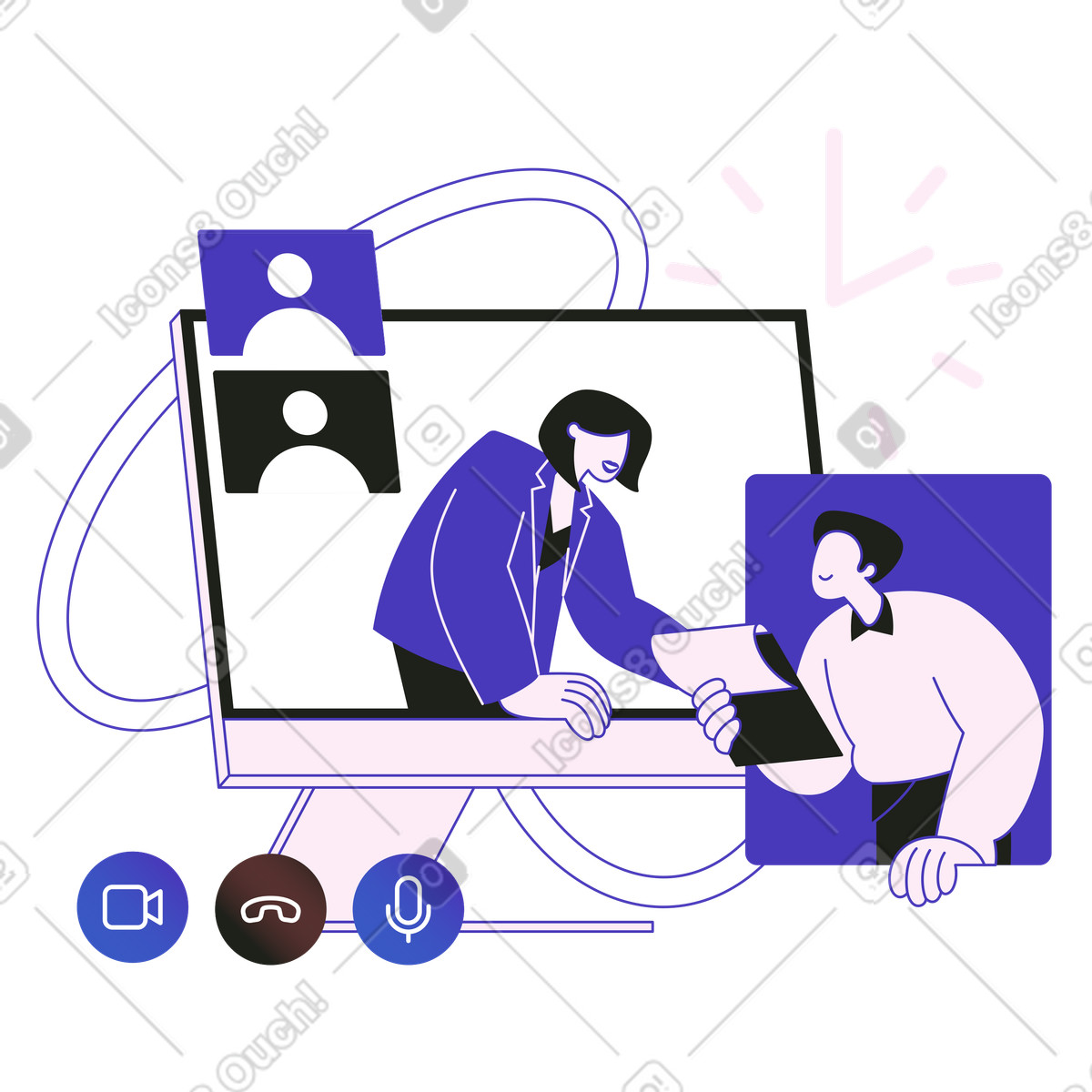 Анимированная иллюстрация Coworkers discussing project on video call, Teamwork and online interaction в стиле Blueberry — скачать в форматах GIF, Lottie (JSON), AE