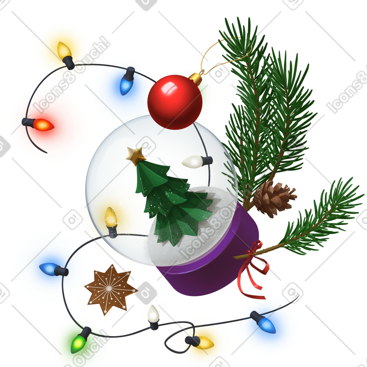 Christmas snow globe with pine branch and festive lights, Holiday decoration inspiration illustration in Props style download in PNG, SVG