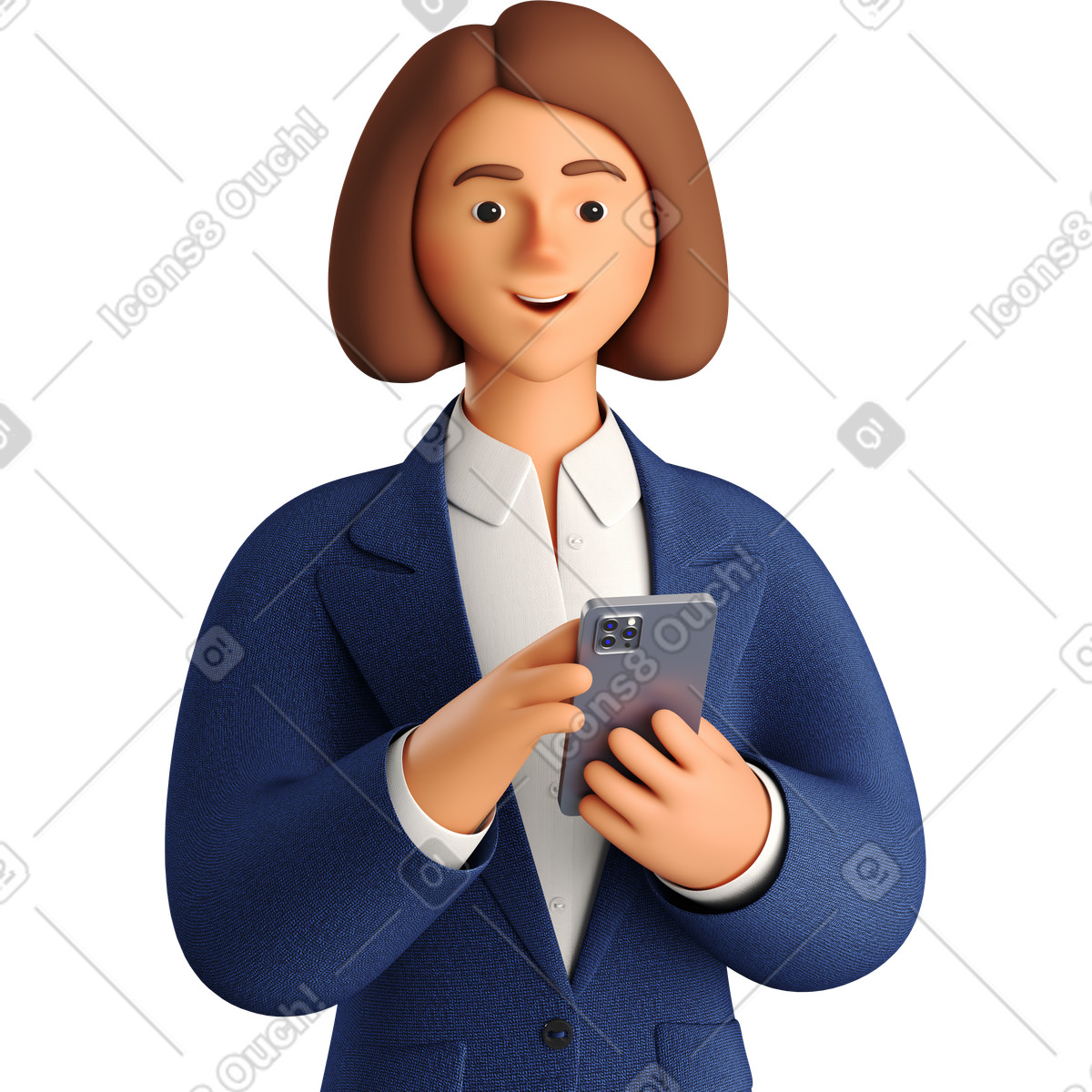 Illustration Businesswoman in blue suit with phone looking straight dans le style 3D Business à télécharger aux formats PNG, SVG